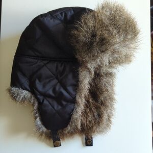 Eddie Bauer Black Faux Fur Trapper Hat